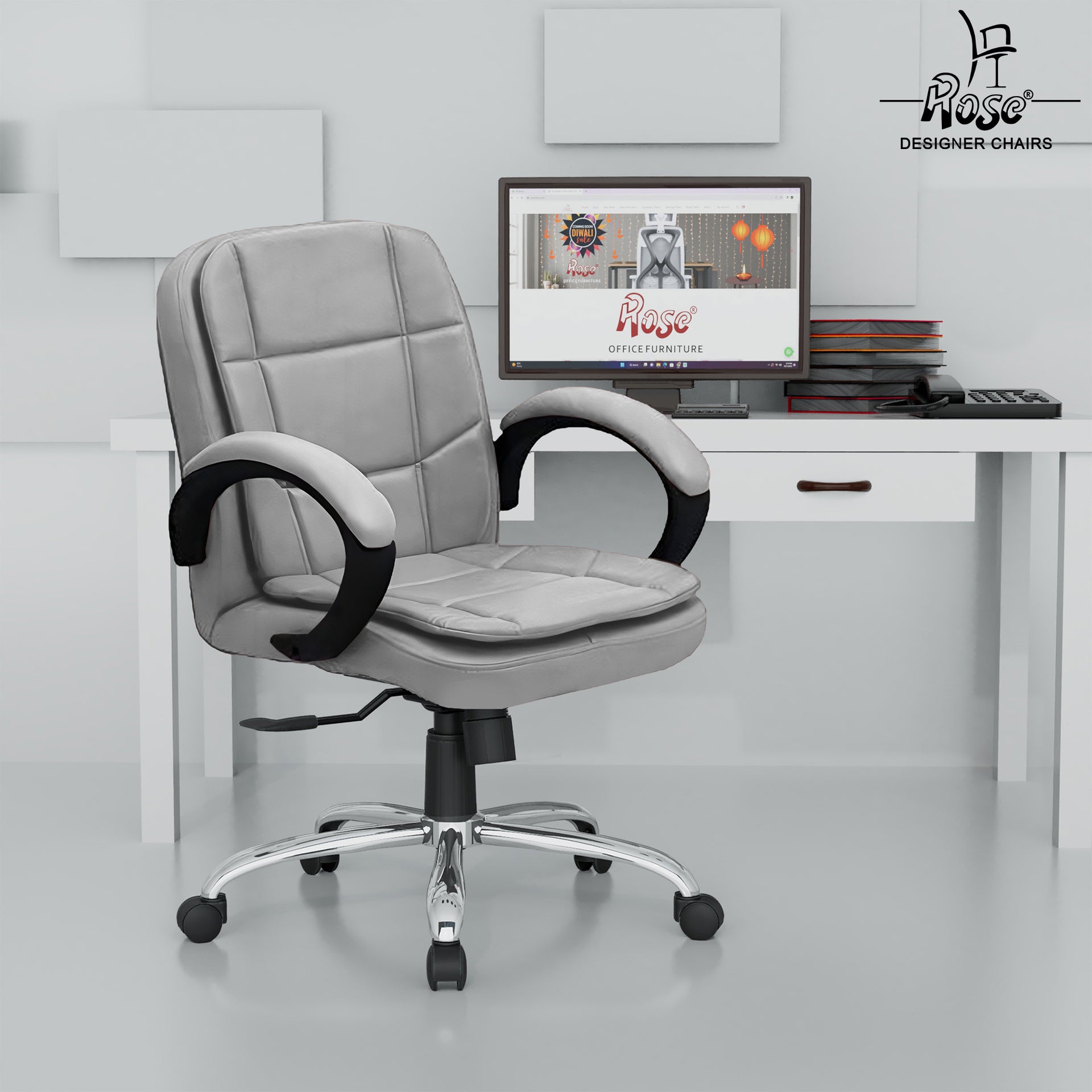 ROSE® Oliveya Leatherette Executive Mid Back Revolving Office Chair Grey