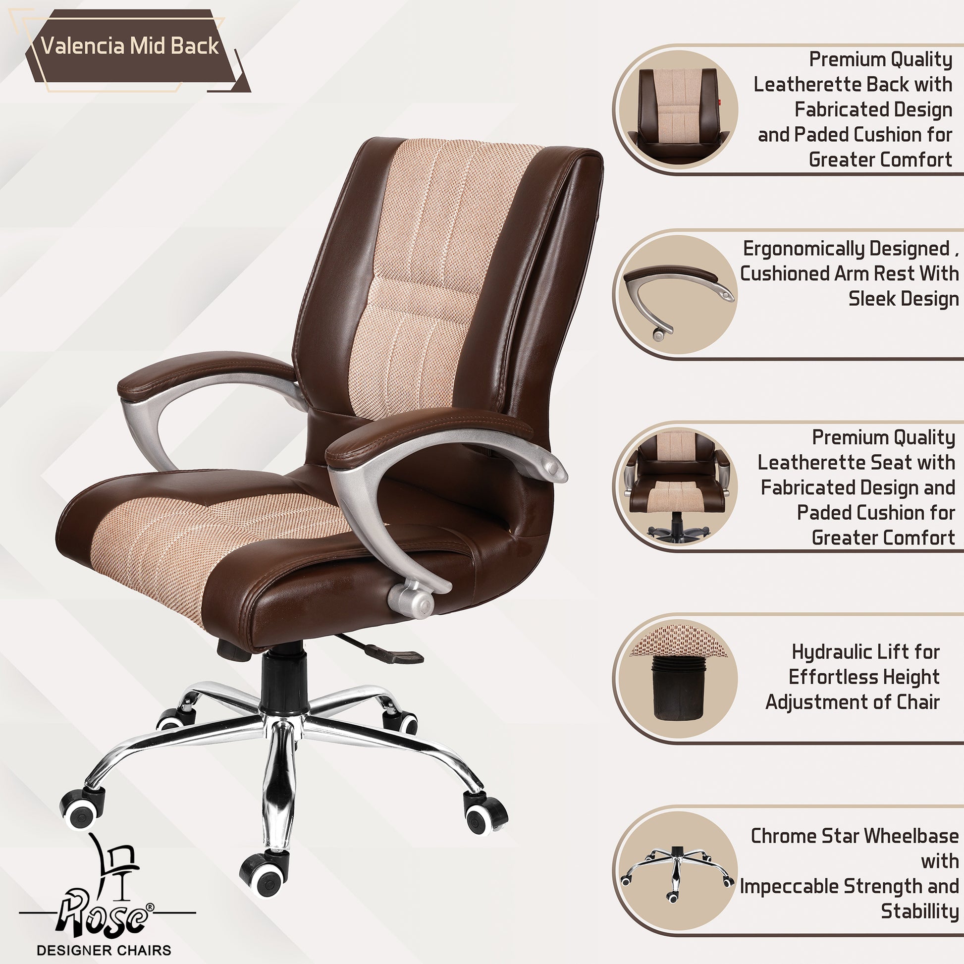 ROSE® Valencia Leatherette & Jute Executive Mid Back Revolving Office Chair