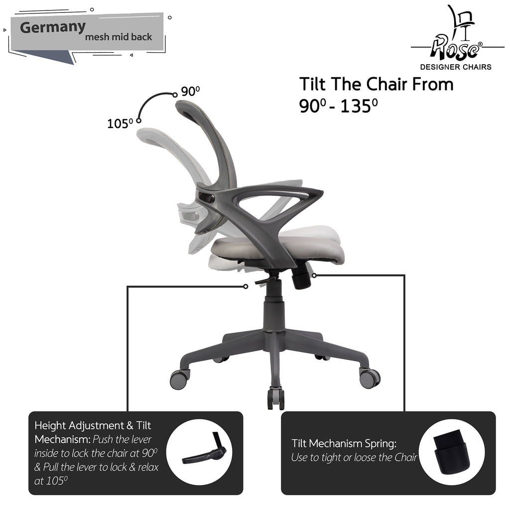 ROSE® Germany Mesh Mid-Back Ergonomic Office Chair  (Grey)
