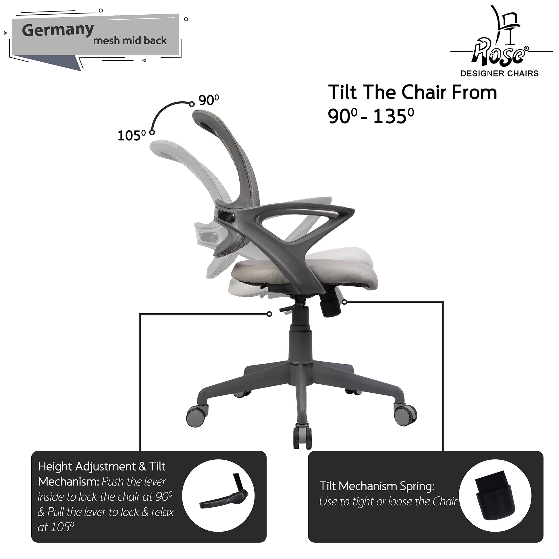 ROSE® Germany Mesh Mid-Back Ergonomic Office Chair  (Grey)