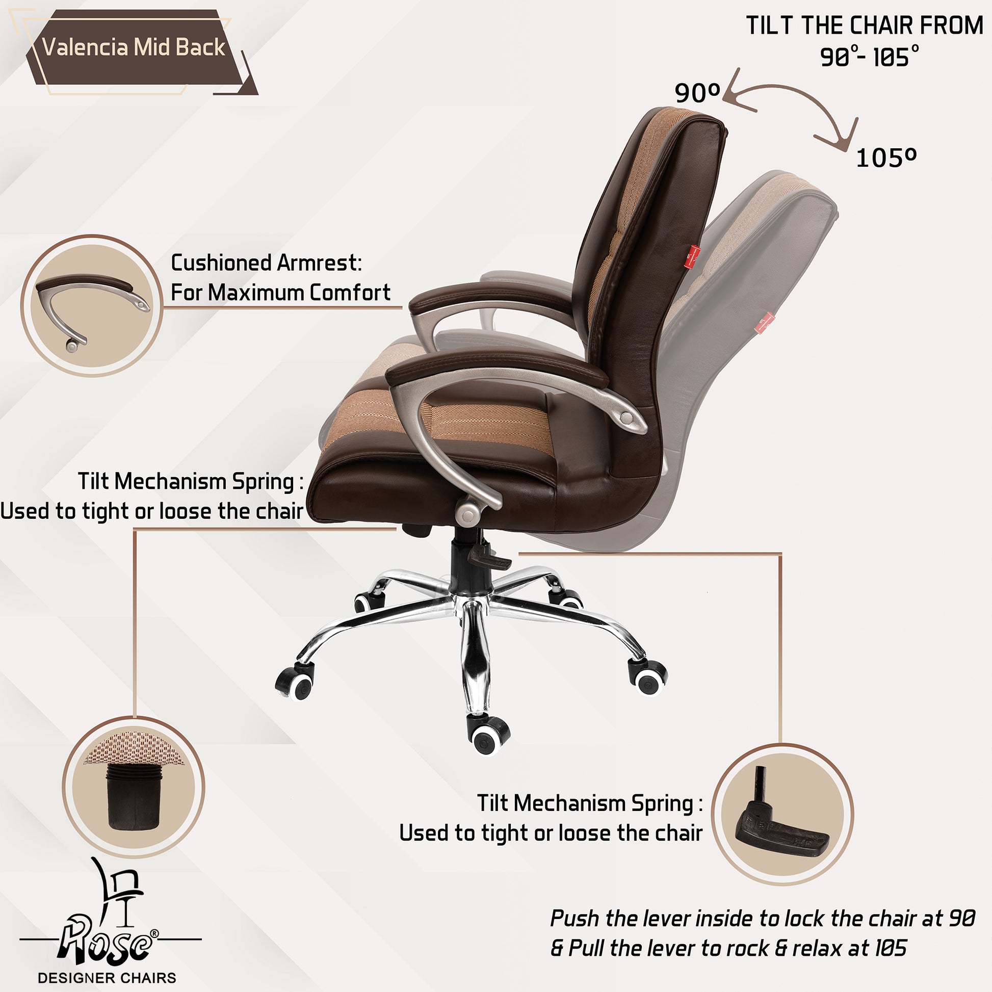 ROSE® Valencia Leatherette & Jute Executive Mid Back Revolving Office Chair