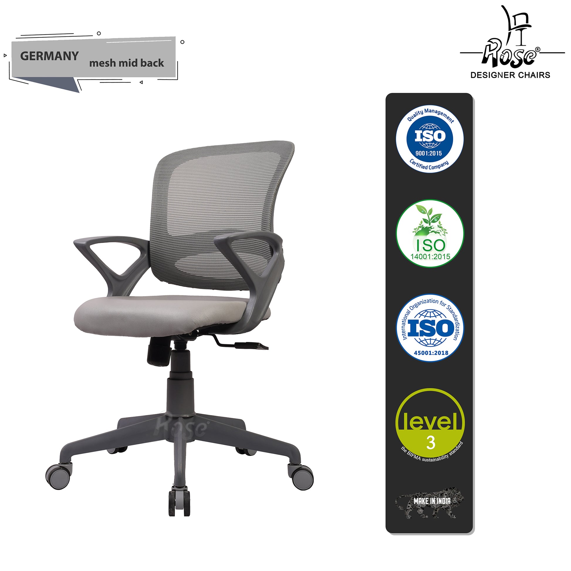 ROSE® Germany Mesh Mid-Back Ergonomic Office Chair  (Grey)