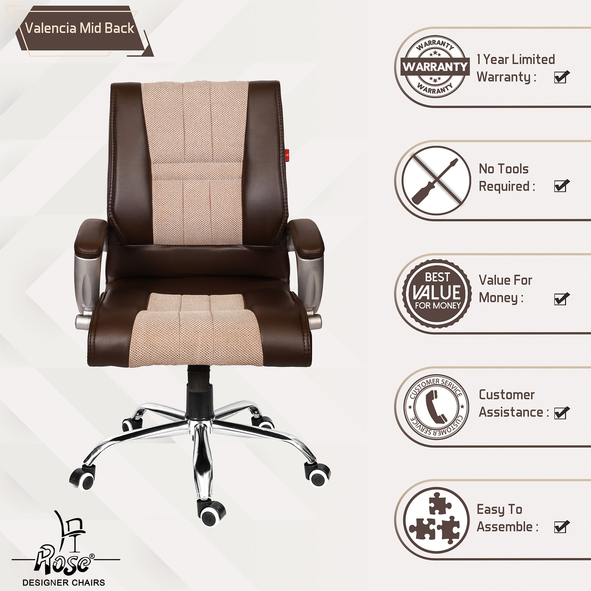 ROSE® Valencia Leatherette & Jute Executive Mid Back Revolving Office Chair
