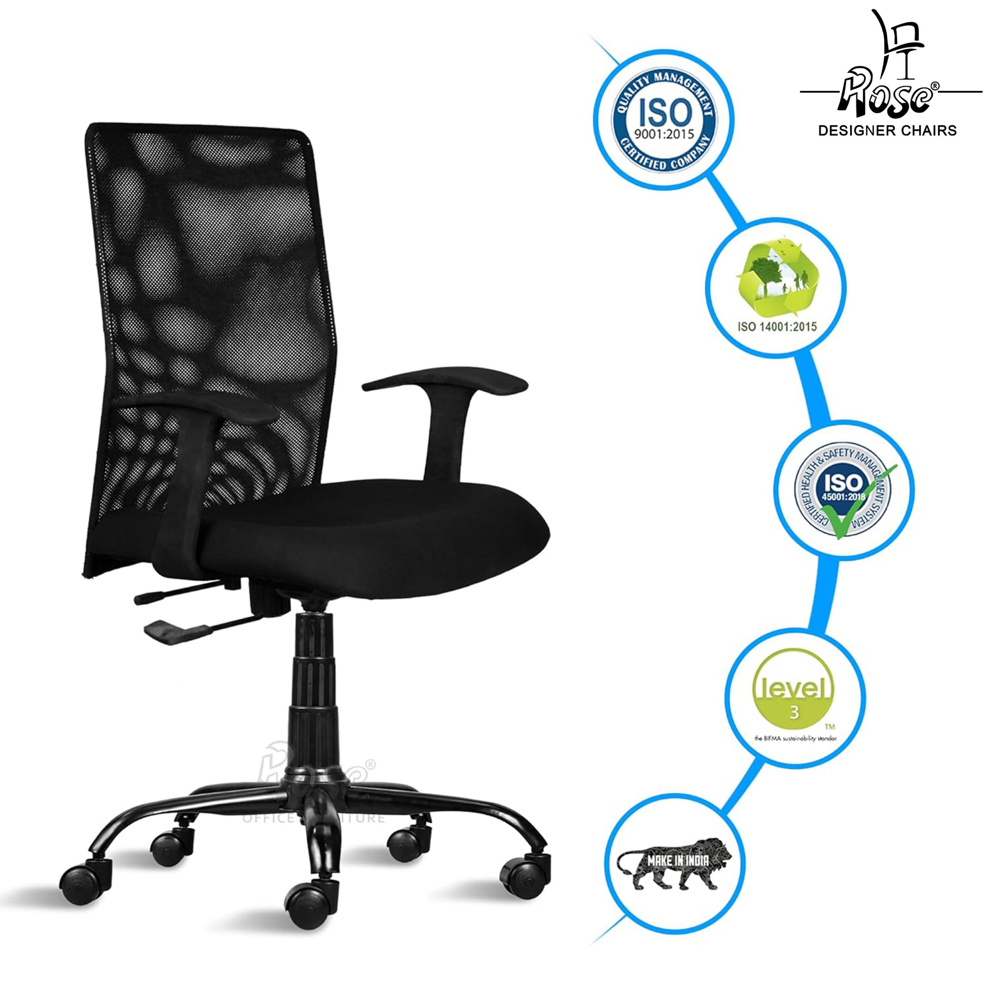 ROSE® Jack Mesh Mid-Back Ergonomic Office Chair (Black)
