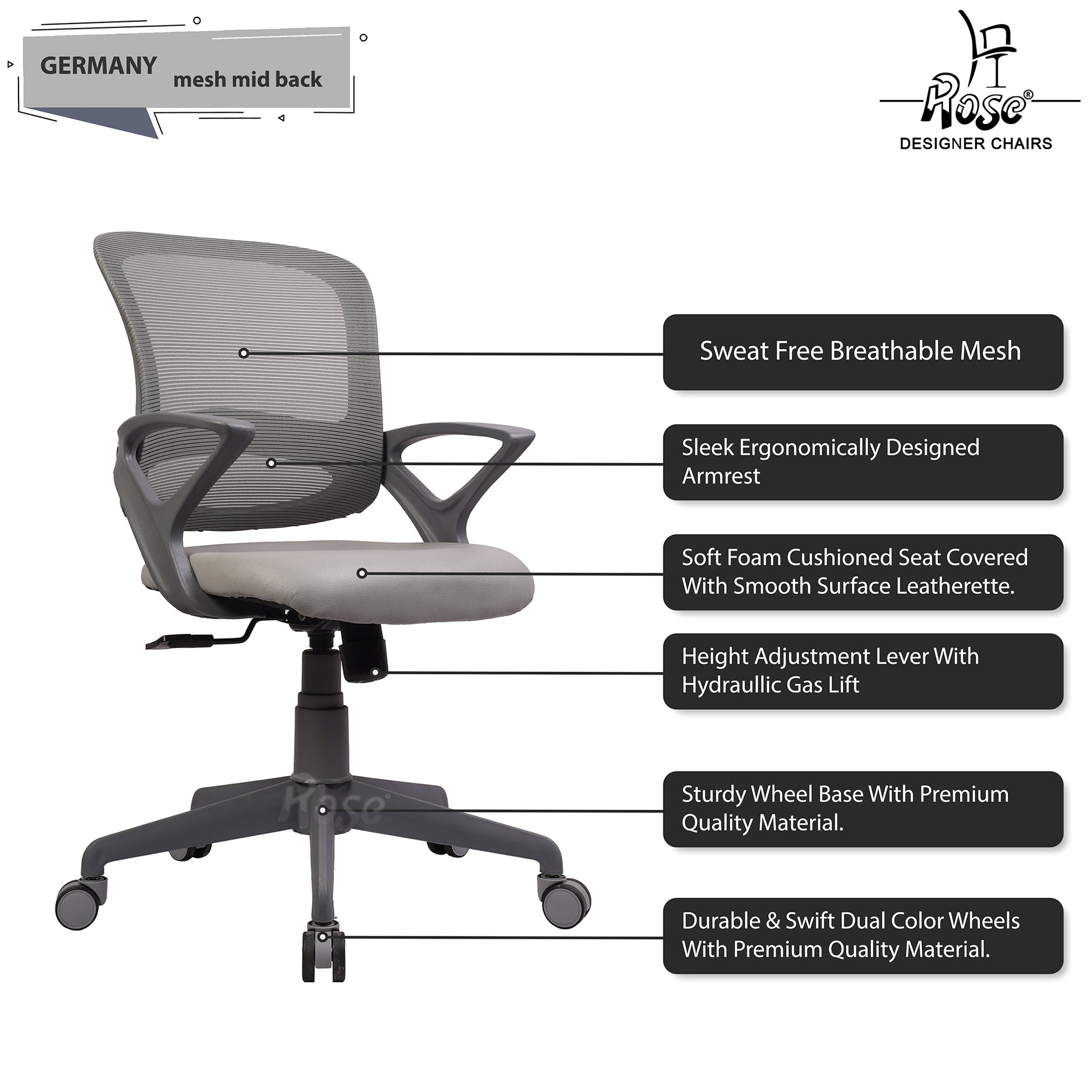 ROSE® Germany Mesh Mid-Back Ergonomic Office Chair  (Grey)