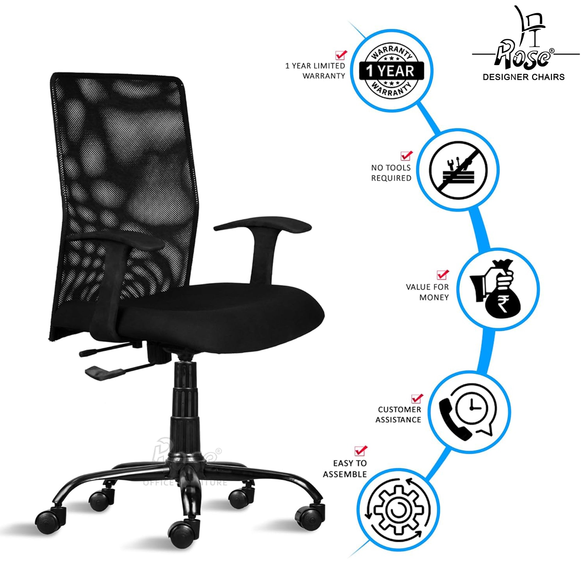 ROSE® Jack Mesh Mid-Back Ergonomic Office Chair (Black)