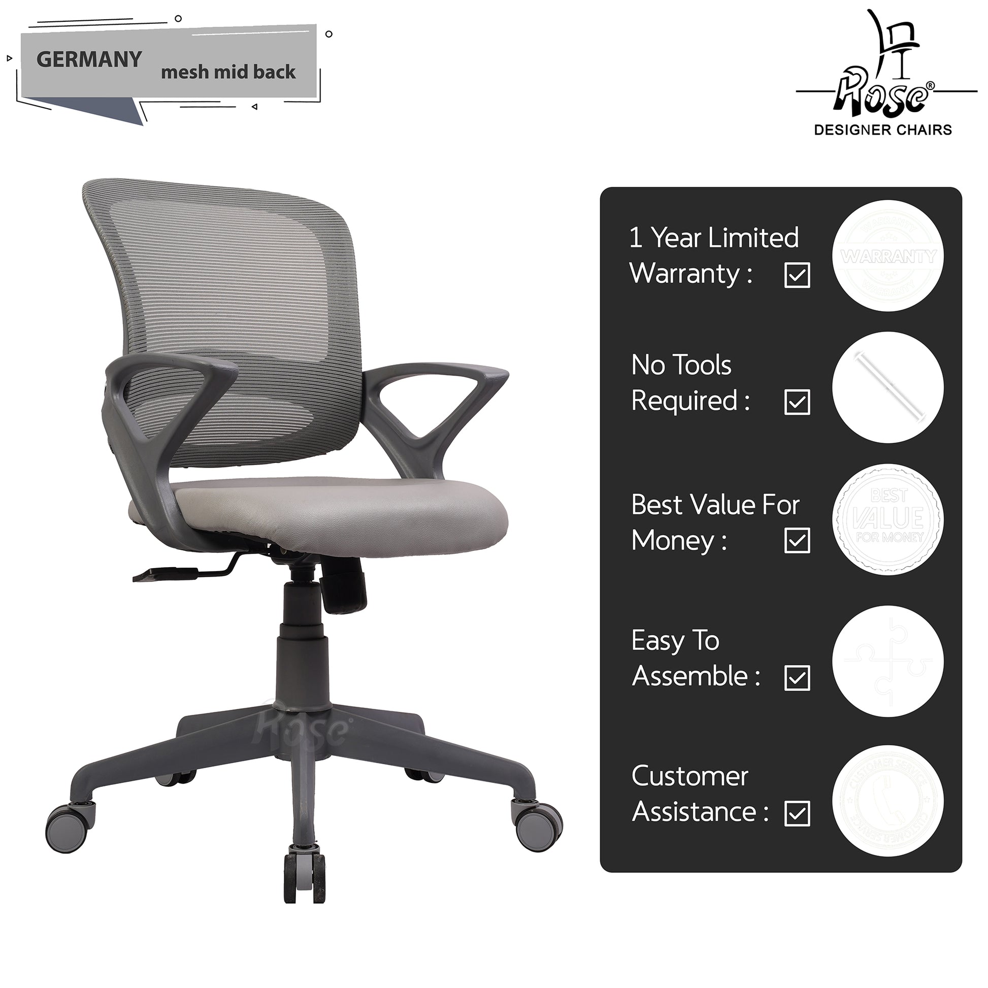 ROSE® Germany Mesh Mid-Back Ergonomic Office Chair  (Grey)
