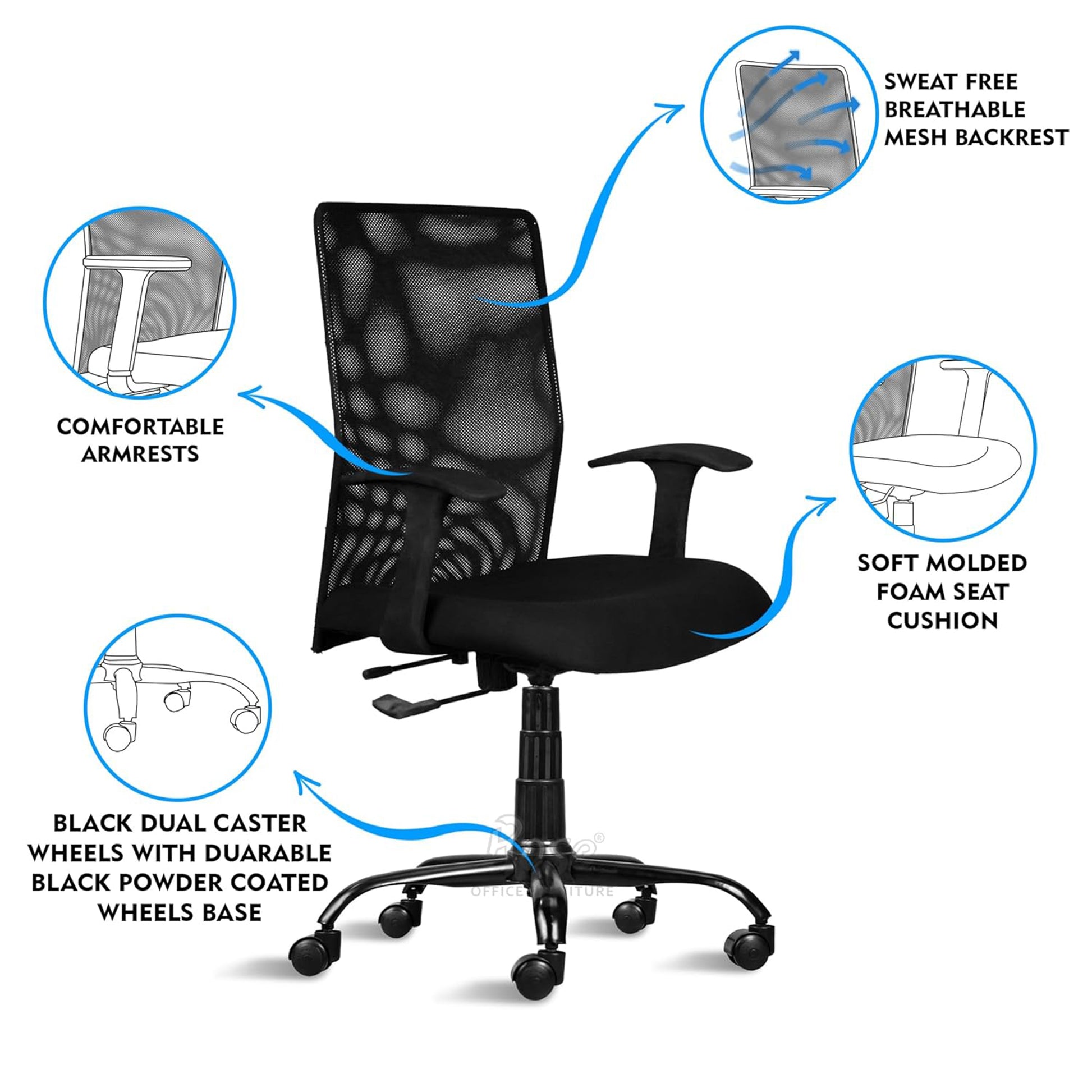 ROSE® Jack Mesh Mid-Back Ergonomic Office Chair (Black)