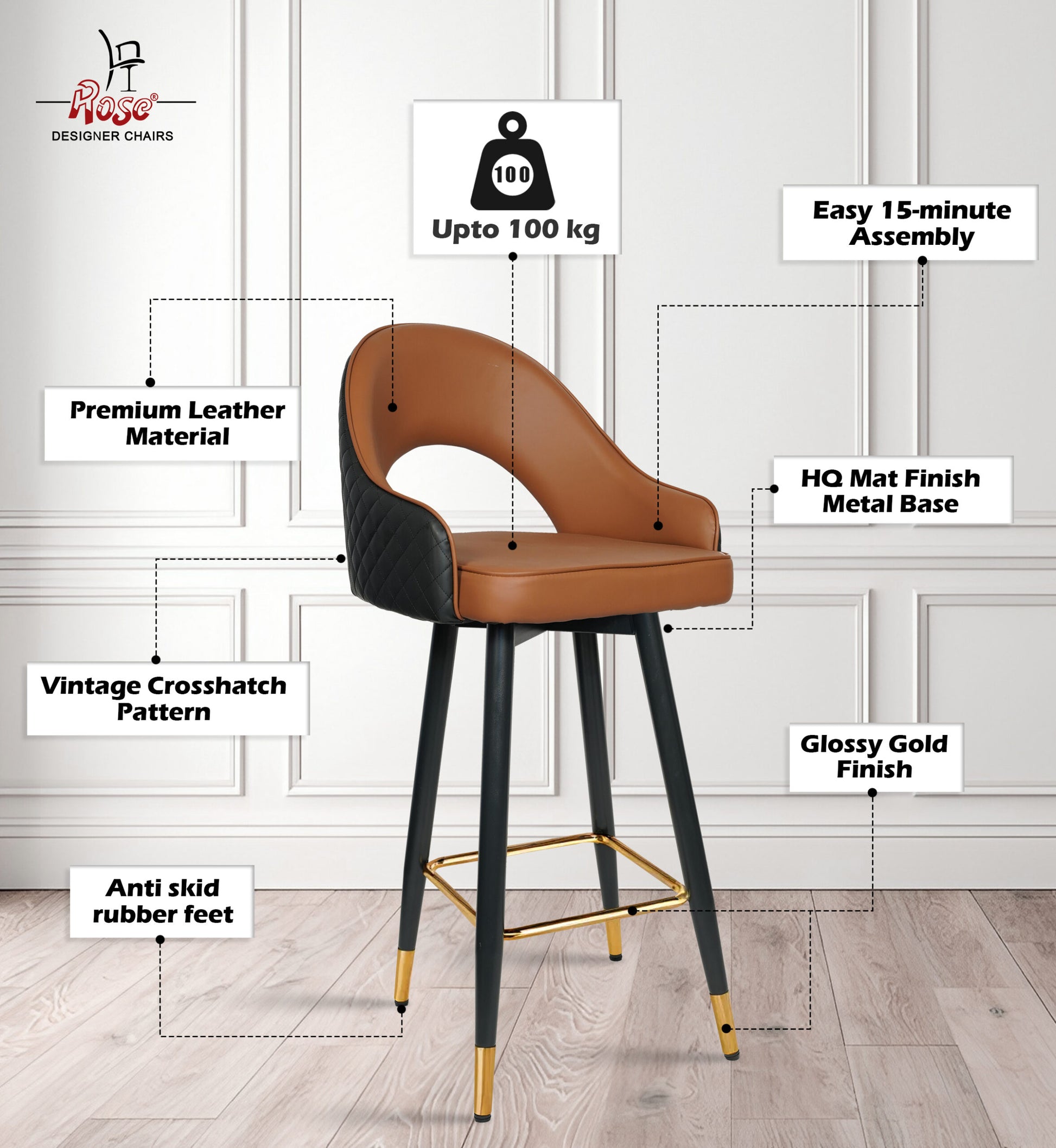 ROSE® Ken Height Adjustable & Revolving Bar Stool (Black)