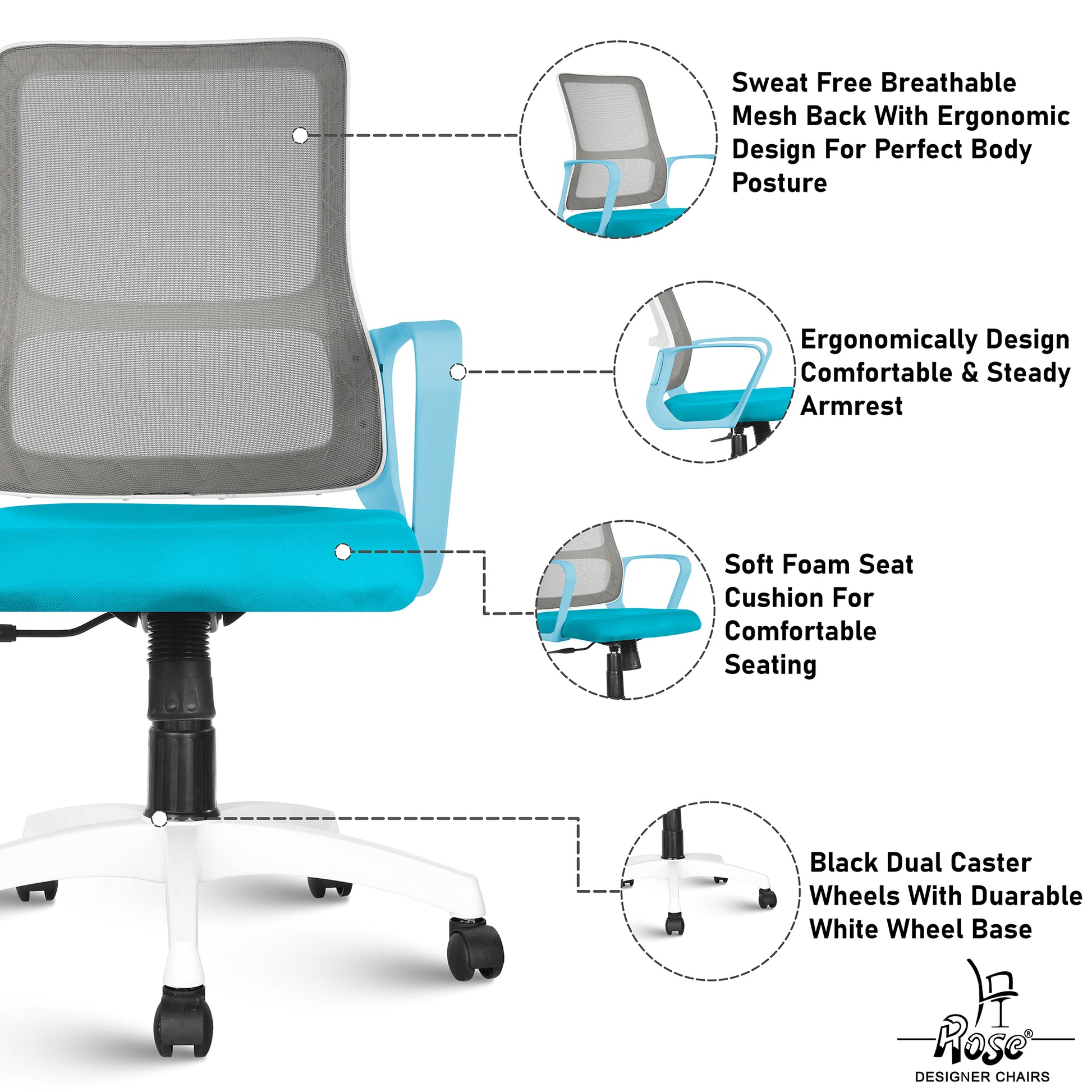ROSE® Elanzo Mesh Mid-Back Ergonomic Office Chair