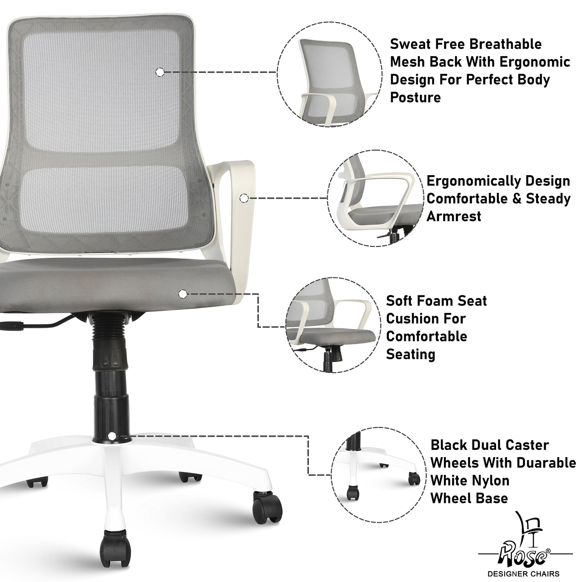 ROSE® Elanzo Mesh Mid-Back Ergonomic Office Chair
