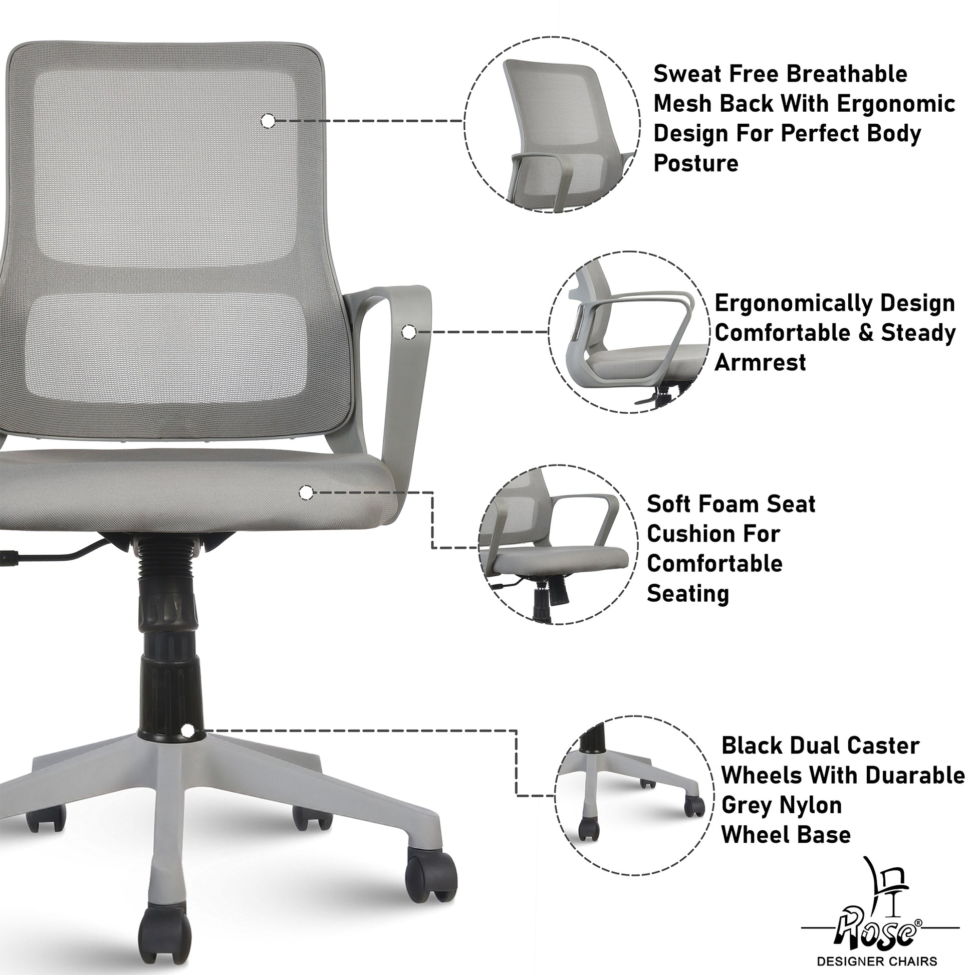 ROSE® Elanzo Mesh Mid-Back Ergonomic Office Chair