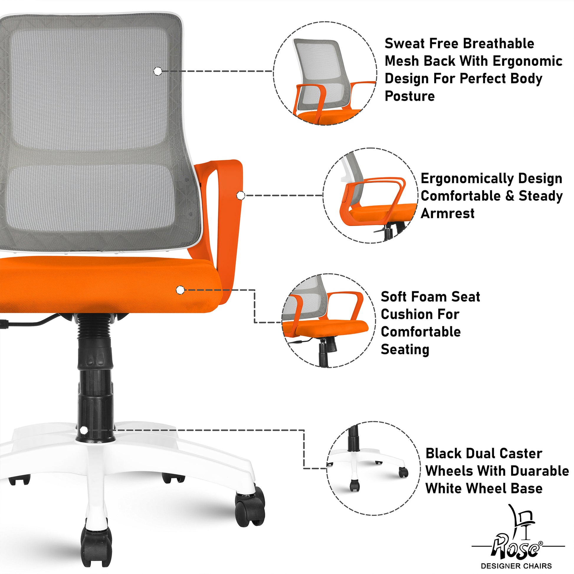ROSE® Elanzo Mesh Mid-Back Ergonomic Office Chair