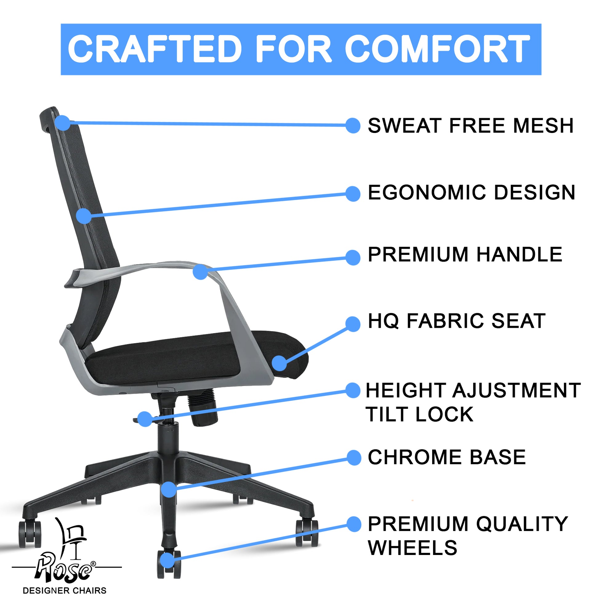 ROSE® Finch Mesh Mid-Back Office Chair